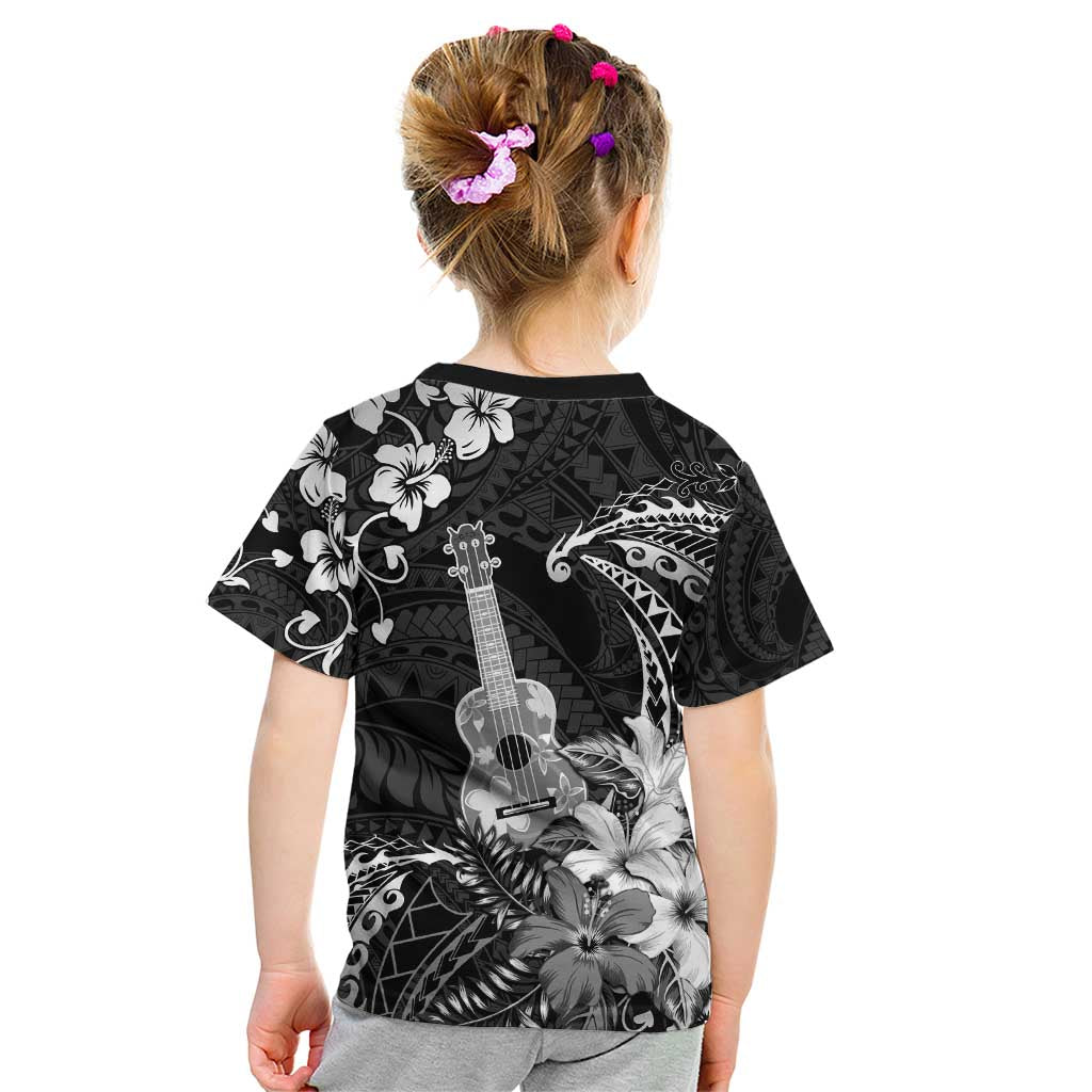 Hawaii Ukulele Kid T Shirt Polynesian Pattern Mix Hibiscus Black Version LT05