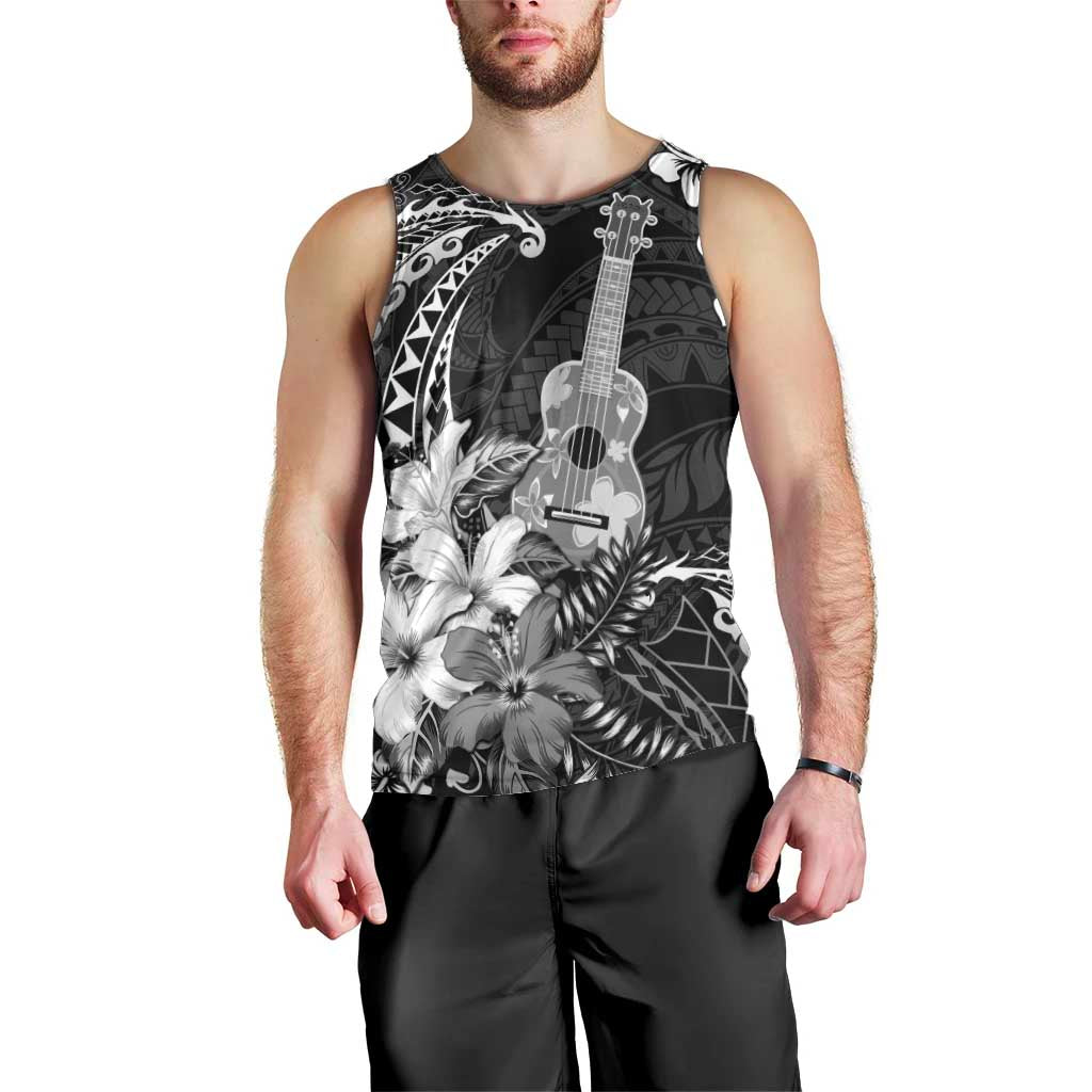 Hawaii Ukulele Men Tank Top Polynesian Pattern Mix Hibiscus Black Version LT05