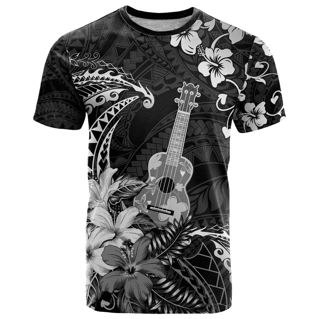 Hawaii Ukulele T Shirt Polynesian Pattern Mix Hibiscus Black Version LT05