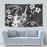Hawaii Ukulele Tapestry Polynesian Pattern Mix Hibiscus Black Version