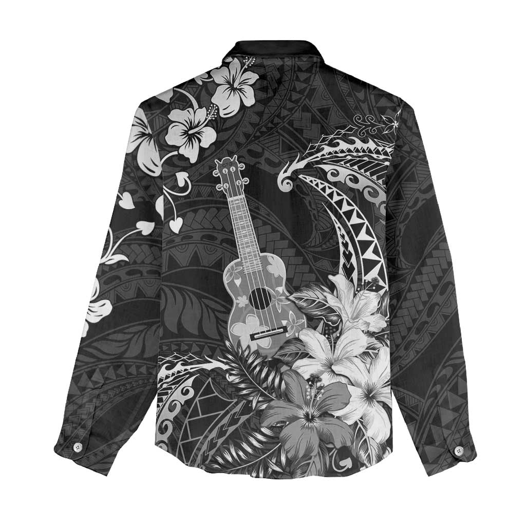 Hawaii Ukulele Women Casual Shirt Polynesian Pattern Mix Hibiscus Black Version LT05