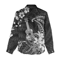 Hawaii Ukulele Women Casual Shirt Polynesian Pattern Mix Hibiscus Black Version LT05