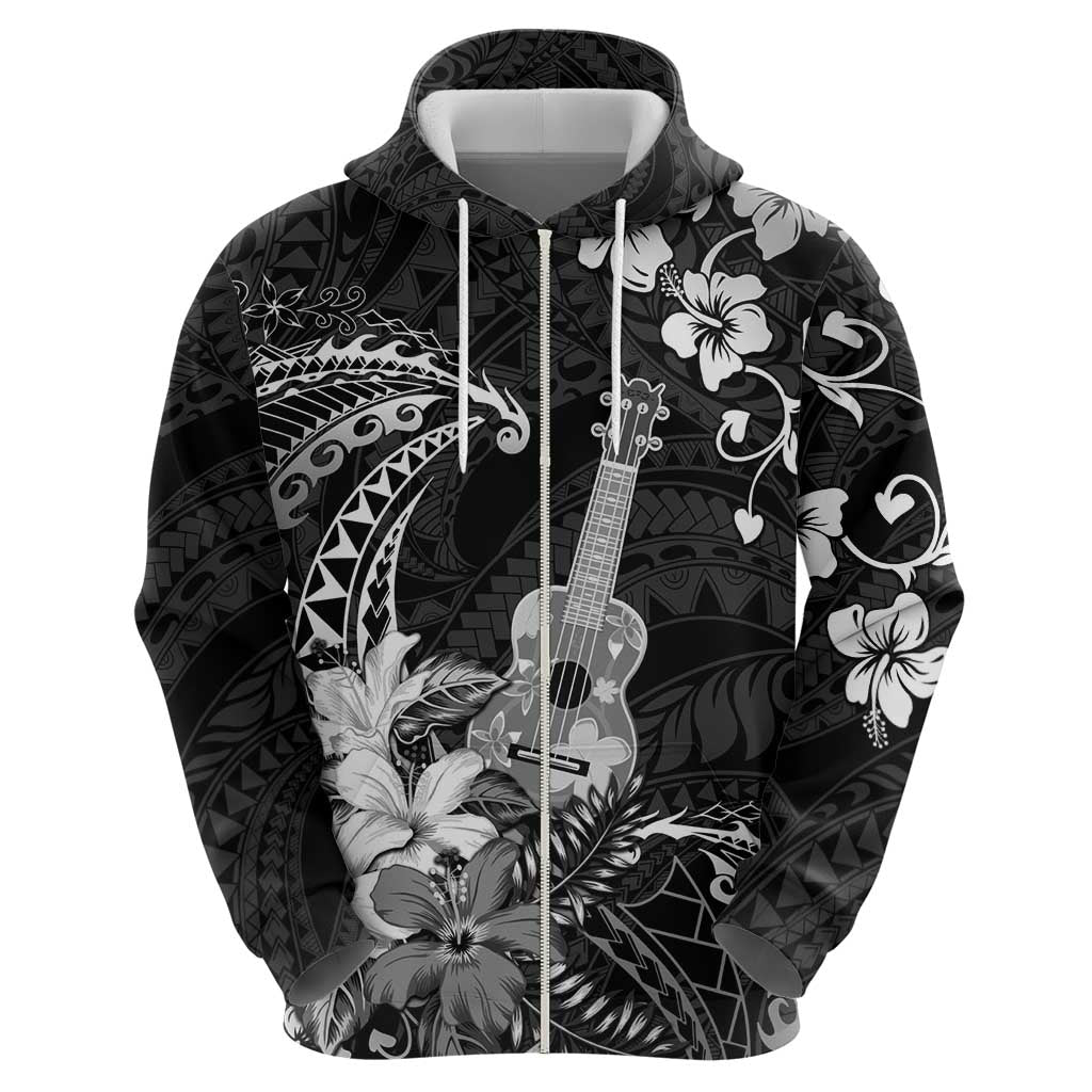 Hawaii Ukulele Zip Hoodie Polynesian Pattern Mix Hibiscus Black Version LT05