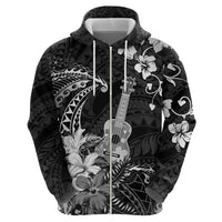 Hawaii Ukulele Zip Hoodie Polynesian Pattern Mix Hibiscus Black Version LT05
