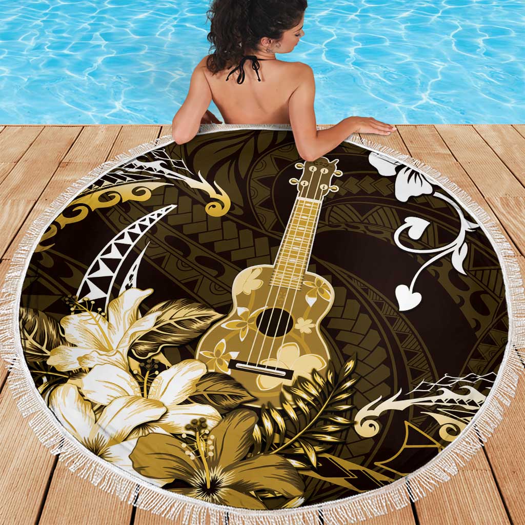 Hawaii Ukulele Beach Blanket Polynesian Pattern Mix Hibiscus Gold Version