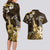 Hawaii Ukulele Couples Matching Long Sleeve Bodycon Dress and Hawaiian Shirt Polynesian Pattern Mix Hibiscus Gold Version LT05