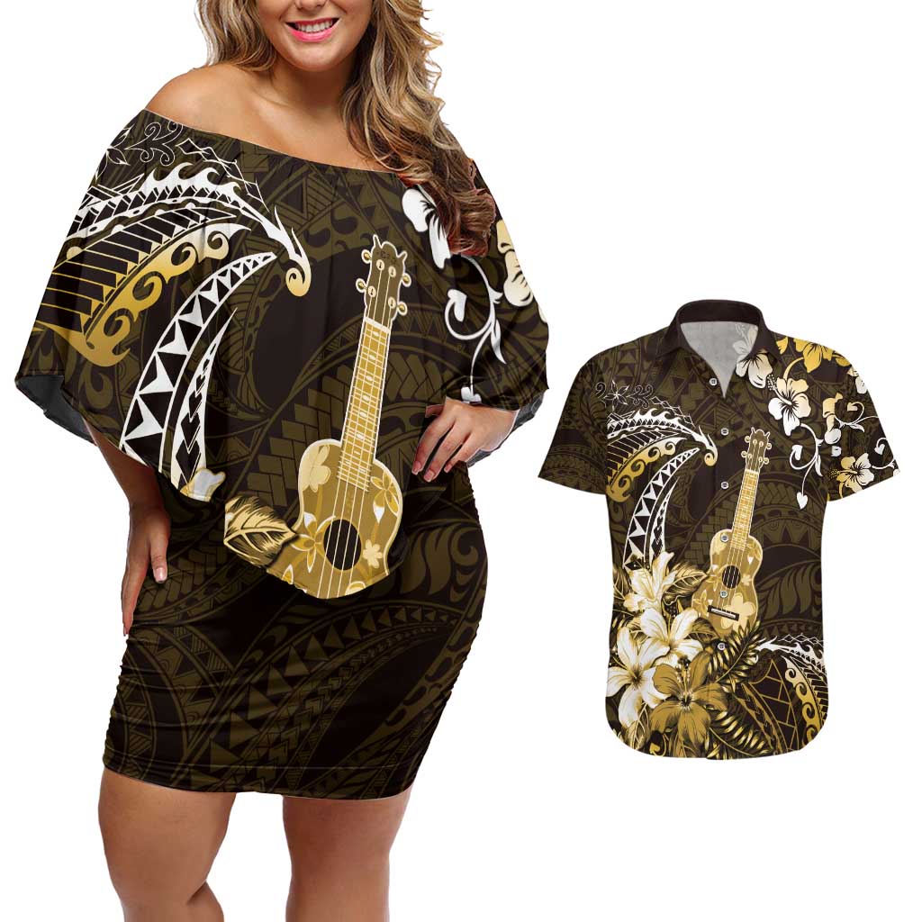 Hawaii Ukulele Couples Matching Off Shoulder Short Dress and Hawaiian Shirt Polynesian Pattern Mix Hibiscus Gold Version LT05