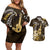 Hawaii Ukulele Couples Matching Off Shoulder Short Dress and Hawaiian Shirt Polynesian Pattern Mix Hibiscus Gold Version LT05