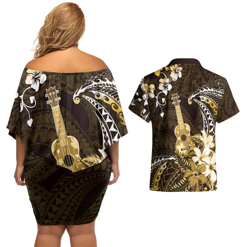 Hawaii Ukulele Couples Matching Off Shoulder Short Dress and Hawaiian Shirt Polynesian Pattern Mix Hibiscus Gold Version LT05