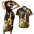Hawaii Ukulele Couples Matching Short Sleeve Bodycon Dress and Hawaiian Shirt Polynesian Pattern Mix Hibiscus Gold Version LT05