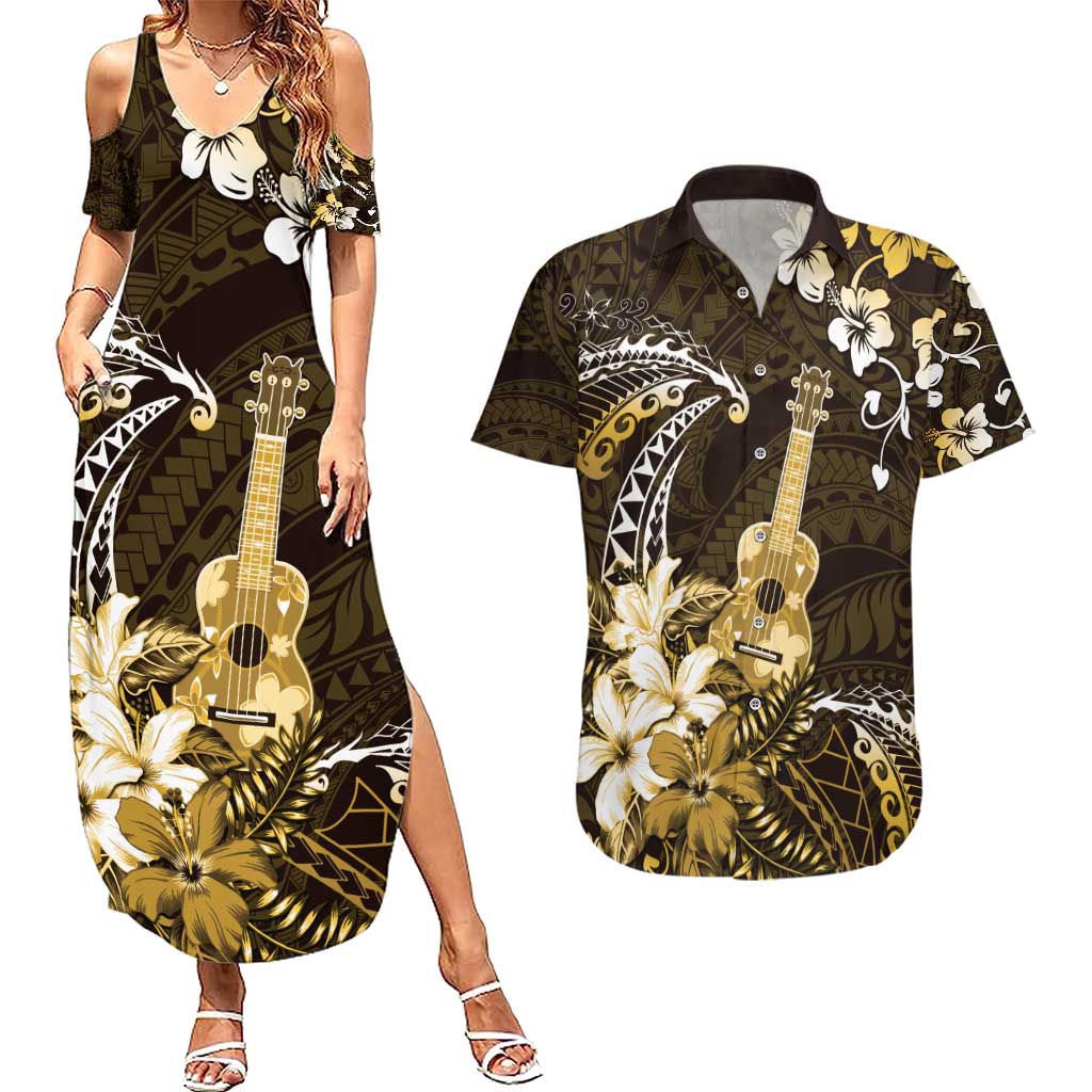 Hawaii Ukulele Couples Matching Summer Maxi Dress and Hawaiian Shirt Polynesian Pattern Mix Hibiscus Gold Version LT05