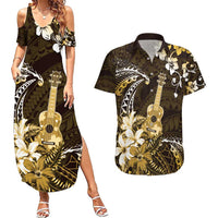 Hawaii Ukulele Couples Matching Summer Maxi Dress and Hawaiian Shirt Polynesian Pattern Mix Hibiscus Gold Version LT05