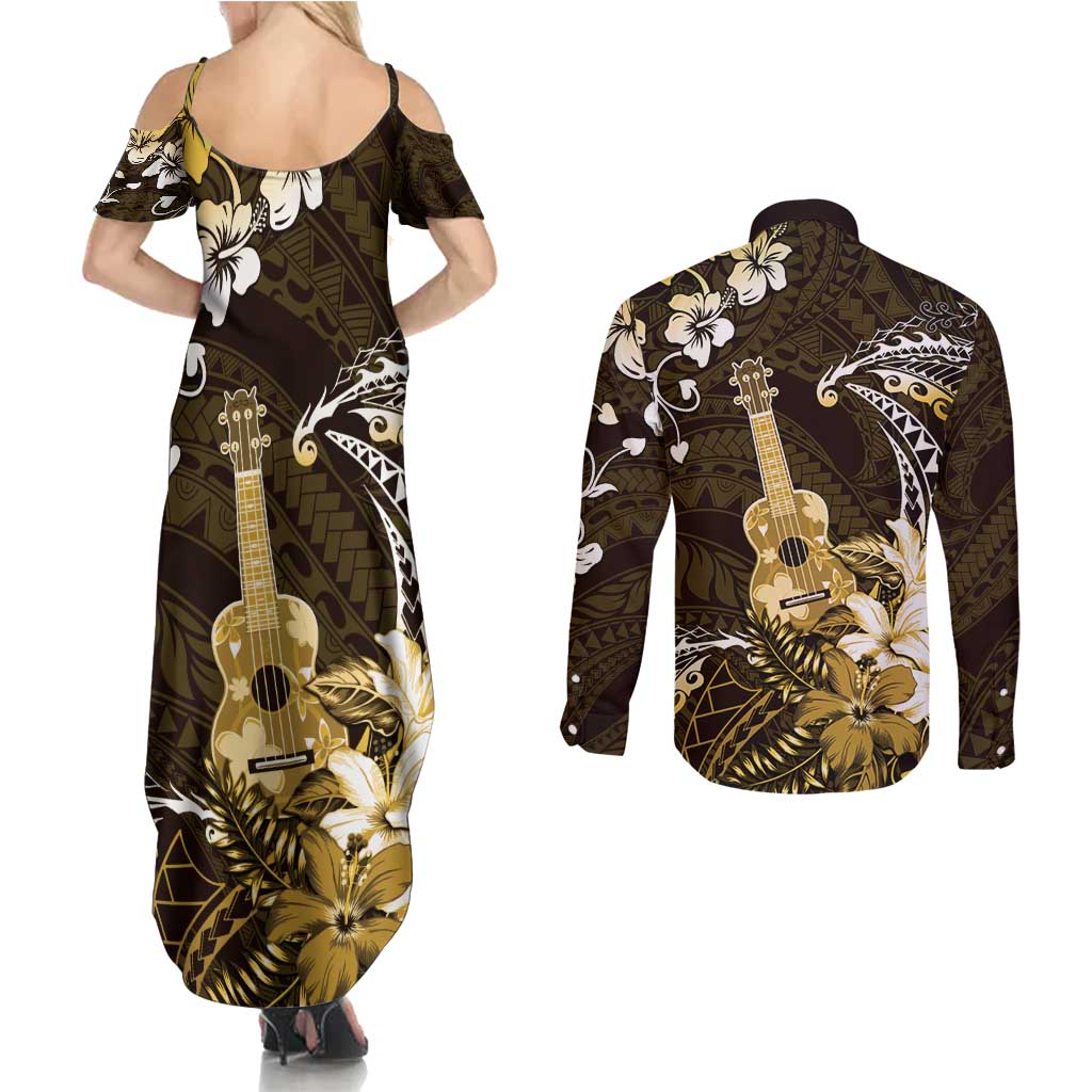 Hawaii Ukulele Couples Matching Summer Maxi Dress and Long Sleeve Button Shirt Polynesian Pattern Mix Hibiscus Gold Version LT05