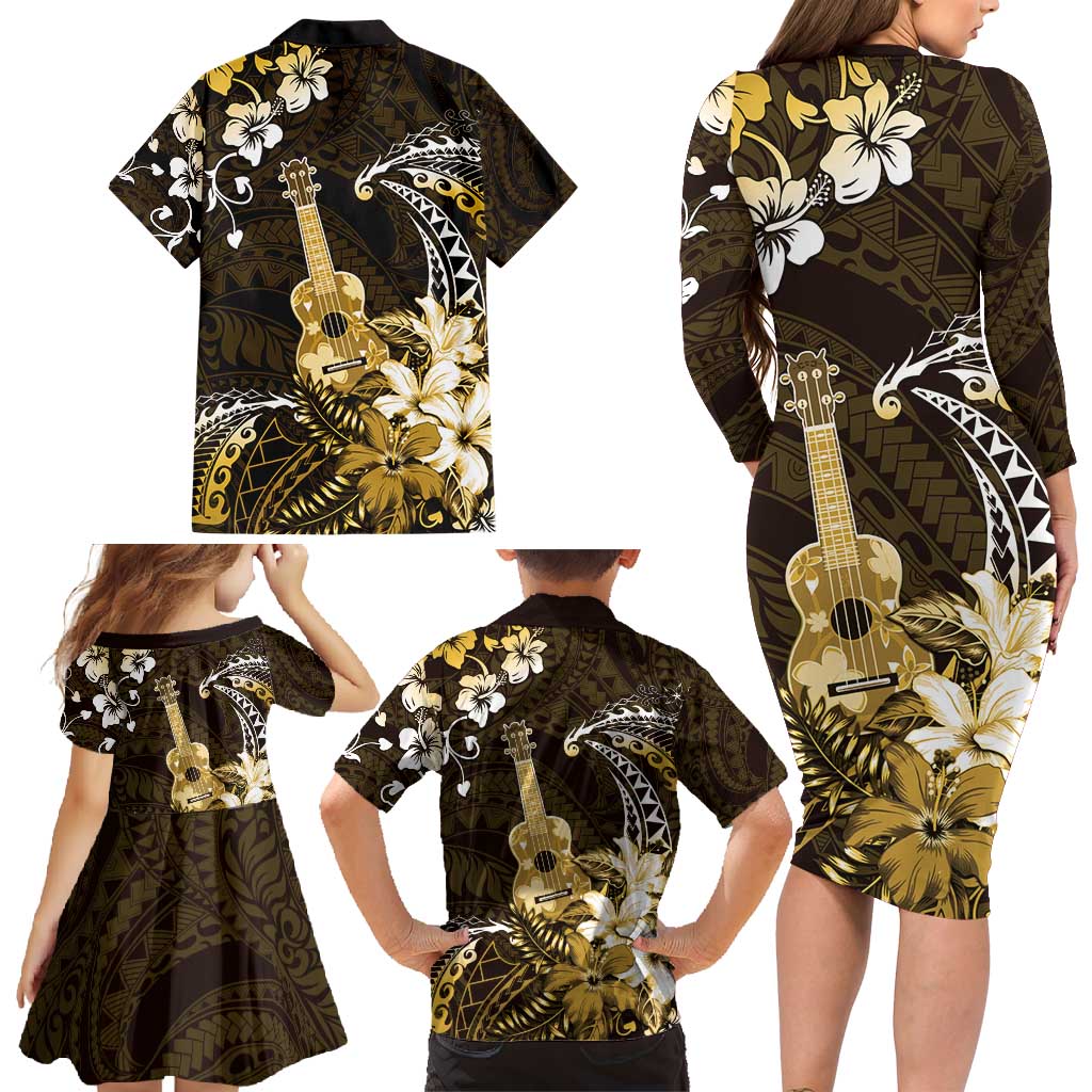 Hawaii Ukulele Family Matching Long Sleeve Bodycon Dress and Hawaiian Shirt Polynesian Pattern Mix Hibiscus Gold Version LT05