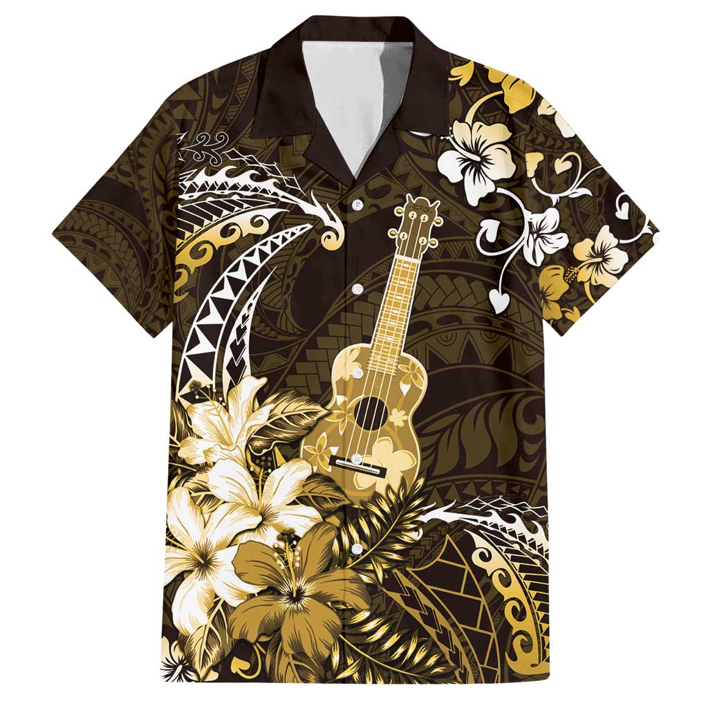 Hawaii Ukulele Family Matching Long Sleeve Bodycon Dress and Hawaiian Shirt Polynesian Pattern Mix Hibiscus Gold Version LT05
