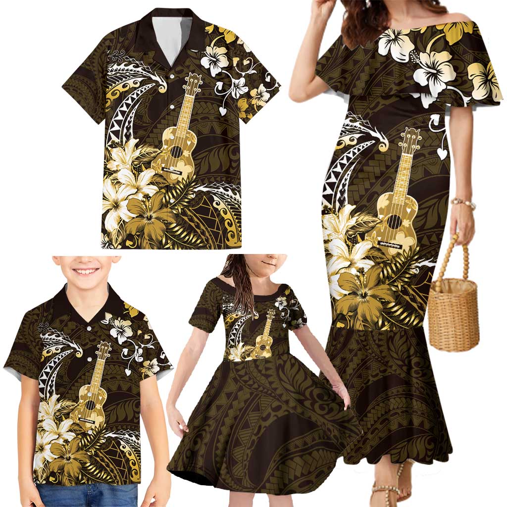 Hawaii Ukulele Family Matching Mermaid Dress and Hawaiian Shirt Polynesian Pattern Mix Hibiscus Gold Version LT05