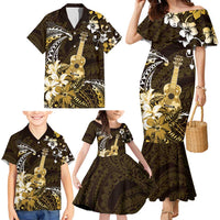 Hawaii Ukulele Family Matching Mermaid Dress and Hawaiian Shirt Polynesian Pattern Mix Hibiscus Gold Version LT05
