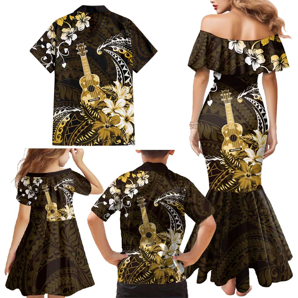 Hawaii Ukulele Family Matching Mermaid Dress and Hawaiian Shirt Polynesian Pattern Mix Hibiscus Gold Version LT05