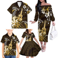 Hawaii Ukulele Family Matching Off The Shoulder Long Sleeve Dress and Hawaiian Shirt Polynesian Pattern Mix Hibiscus Gold Version LT05