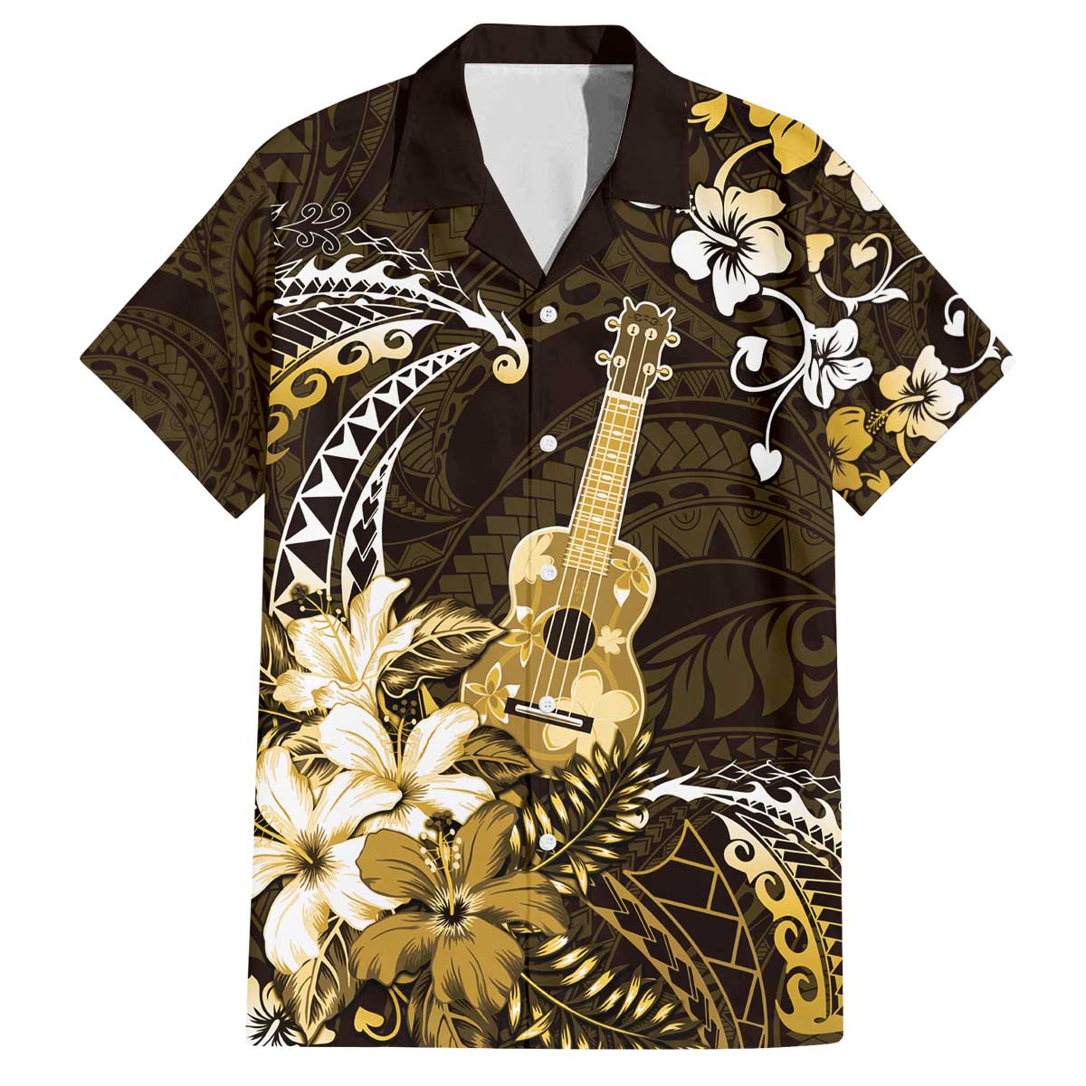 Hawaii Ukulele Family Matching Off The Shoulder Long Sleeve Dress and Hawaiian Shirt Polynesian Pattern Mix Hibiscus Gold Version LT05