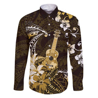 Hawaii Ukulele Family Matching Off The Shoulder Long Sleeve Dress and Hawaiian Shirt Polynesian Pattern Mix Hibiscus Gold Version LT05