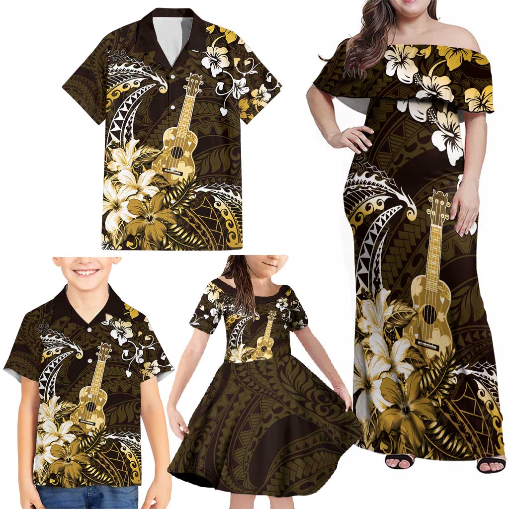 Hawaii Ukulele Family Matching Off Shoulder Maxi Dress and Hawaiian Shirt Polynesian Pattern Mix Hibiscus Gold Version LT05