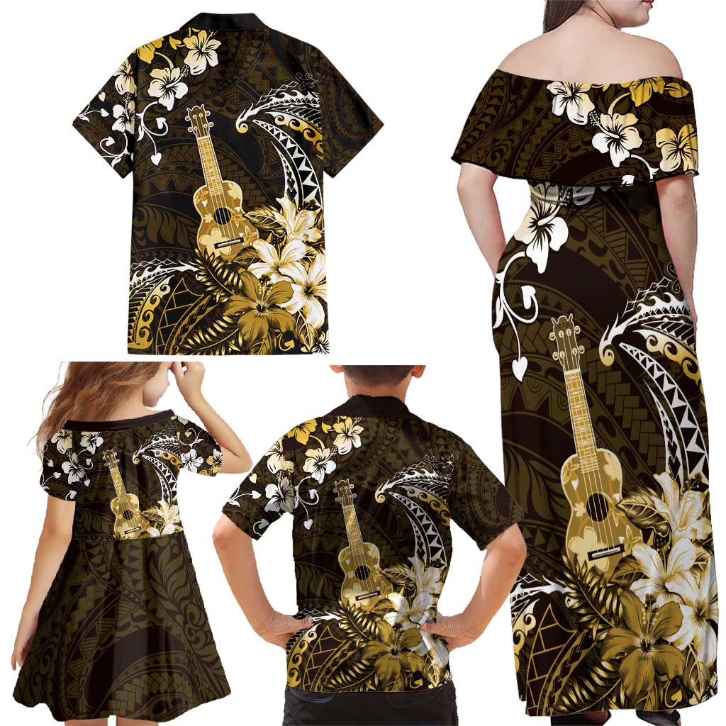 Hawaii Ukulele Family Matching Off Shoulder Maxi Dress and Hawaiian Shirt Polynesian Pattern Mix Hibiscus Gold Version LT05