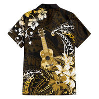 Hawaii Ukulele Family Matching Off Shoulder Maxi Dress and Hawaiian Shirt Polynesian Pattern Mix Hibiscus Gold Version LT05