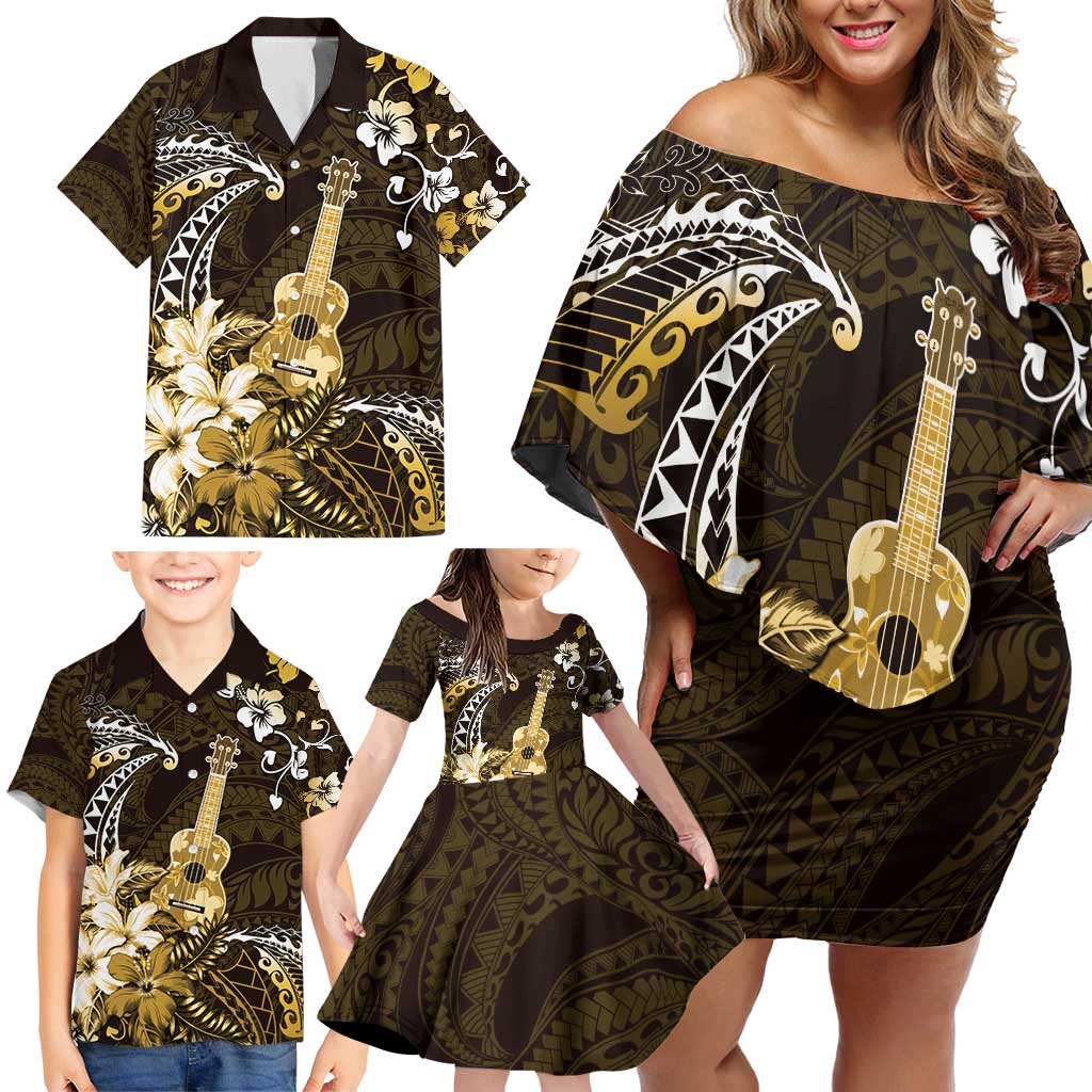 Hawaii Ukulele Family Matching Off Shoulder Short Dress and Hawaiian Shirt Polynesian Pattern Mix Hibiscus Gold Version LT05