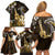 Hawaii Ukulele Family Matching Off Shoulder Short Dress and Hawaiian Shirt Polynesian Pattern Mix Hibiscus Gold Version LT05