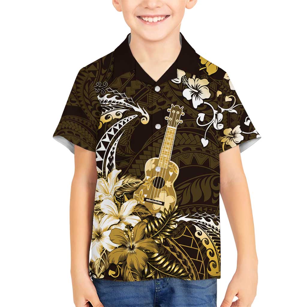 Hawaii Ukulele Family Matching Off Shoulder Short Dress and Hawaiian Shirt Polynesian Pattern Mix Hibiscus Gold Version LT05