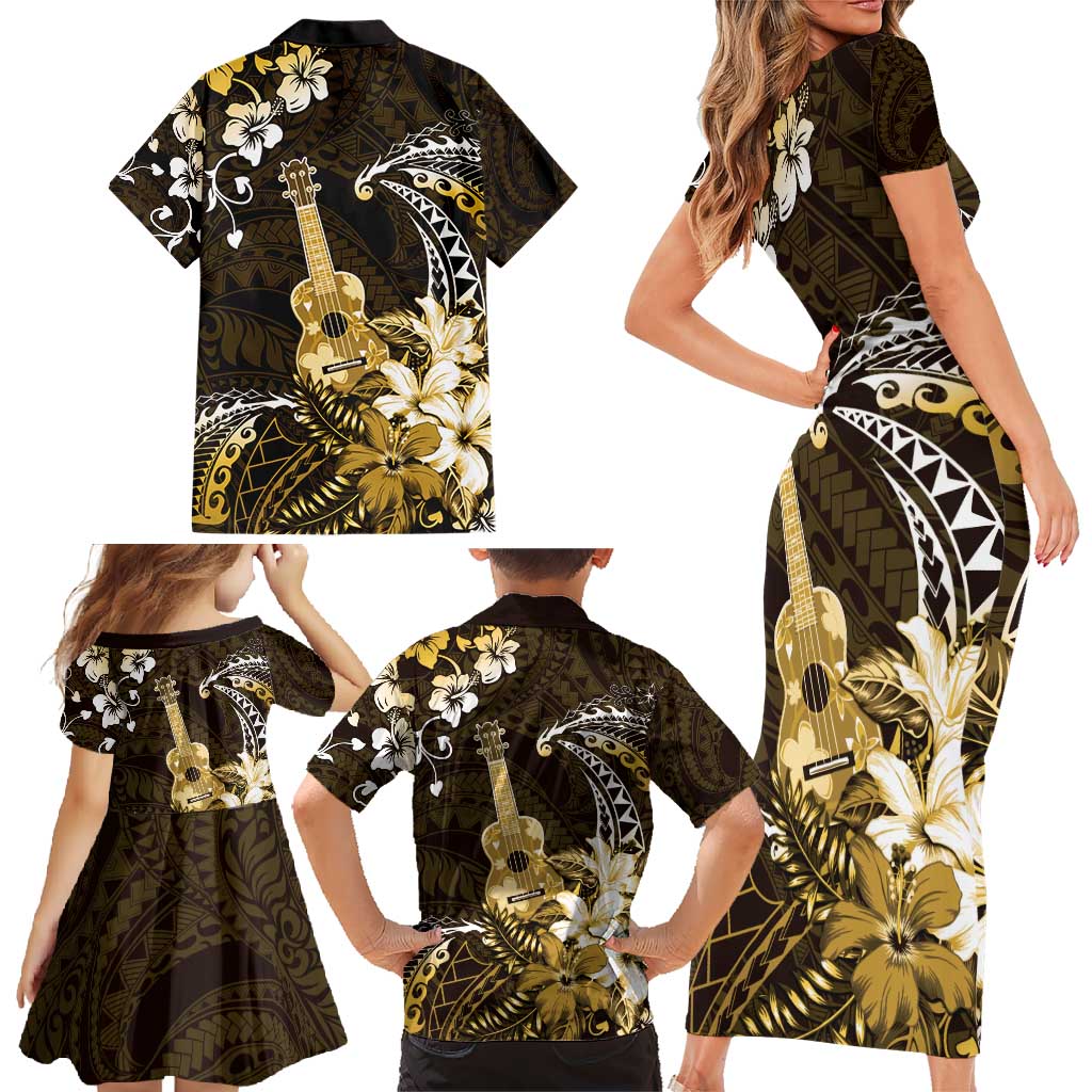 Hawaii Ukulele Family Matching Short Sleeve Bodycon Dress and Hawaiian Shirt Polynesian Pattern Mix Hibiscus Gold Version LT05