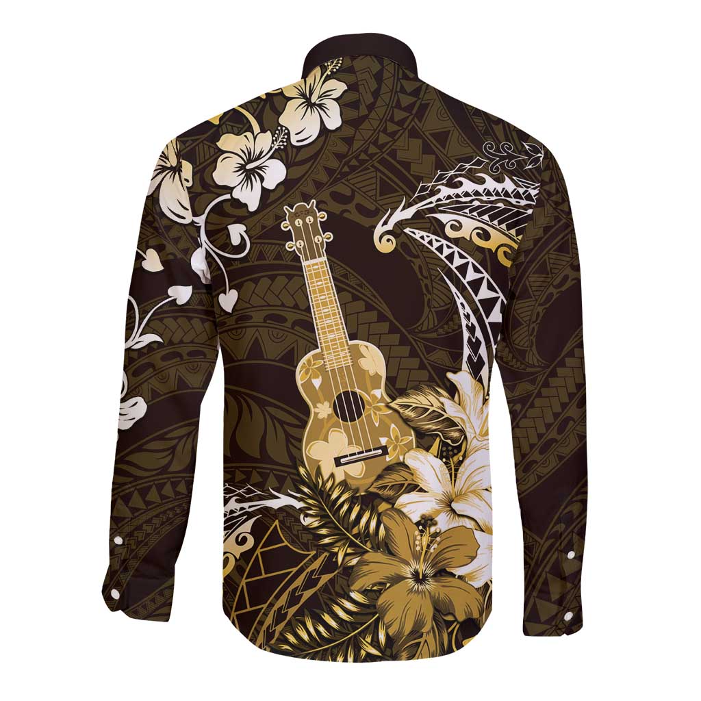 Hawaii Ukulele Long Sleeve Button Shirt Polynesian Pattern Mix Hibiscus Gold Version LT05