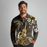 Hawaii Ukulele Long Sleeve Polo Shirt Polynesian Pattern Mix Hibiscus Gold Version LT05
