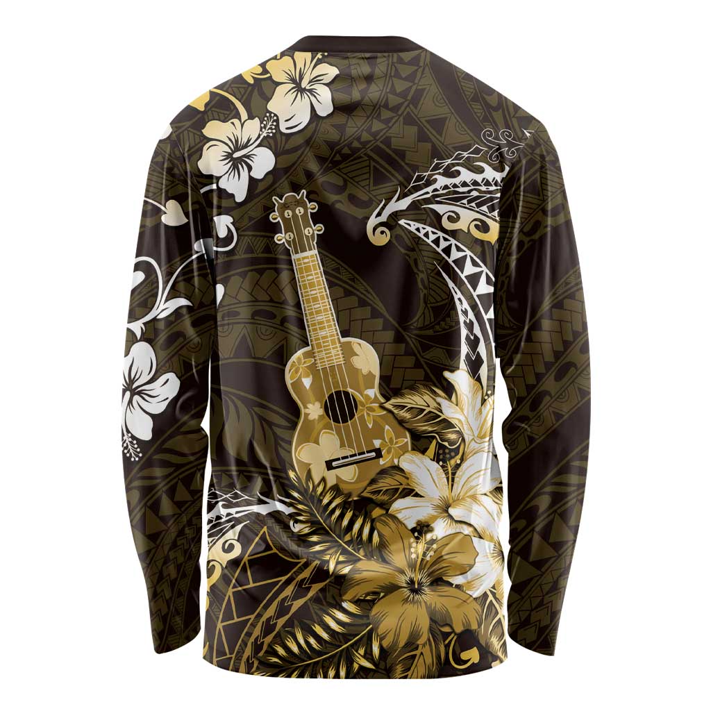 Hawaii Ukulele Long Sleeve Shirt Polynesian Pattern Mix Hibiscus Gold Version LT05