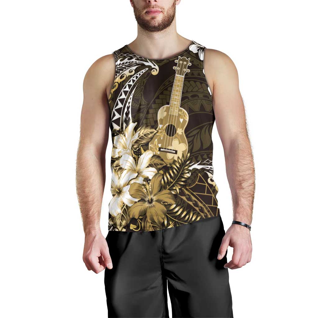 Hawaii Ukulele Men Tank Top Polynesian Pattern Mix Hibiscus Gold Version LT05