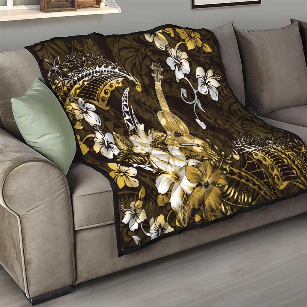 Hawaii Ukulele Quilt Polynesian Pattern Mix Hibiscus Gold Version