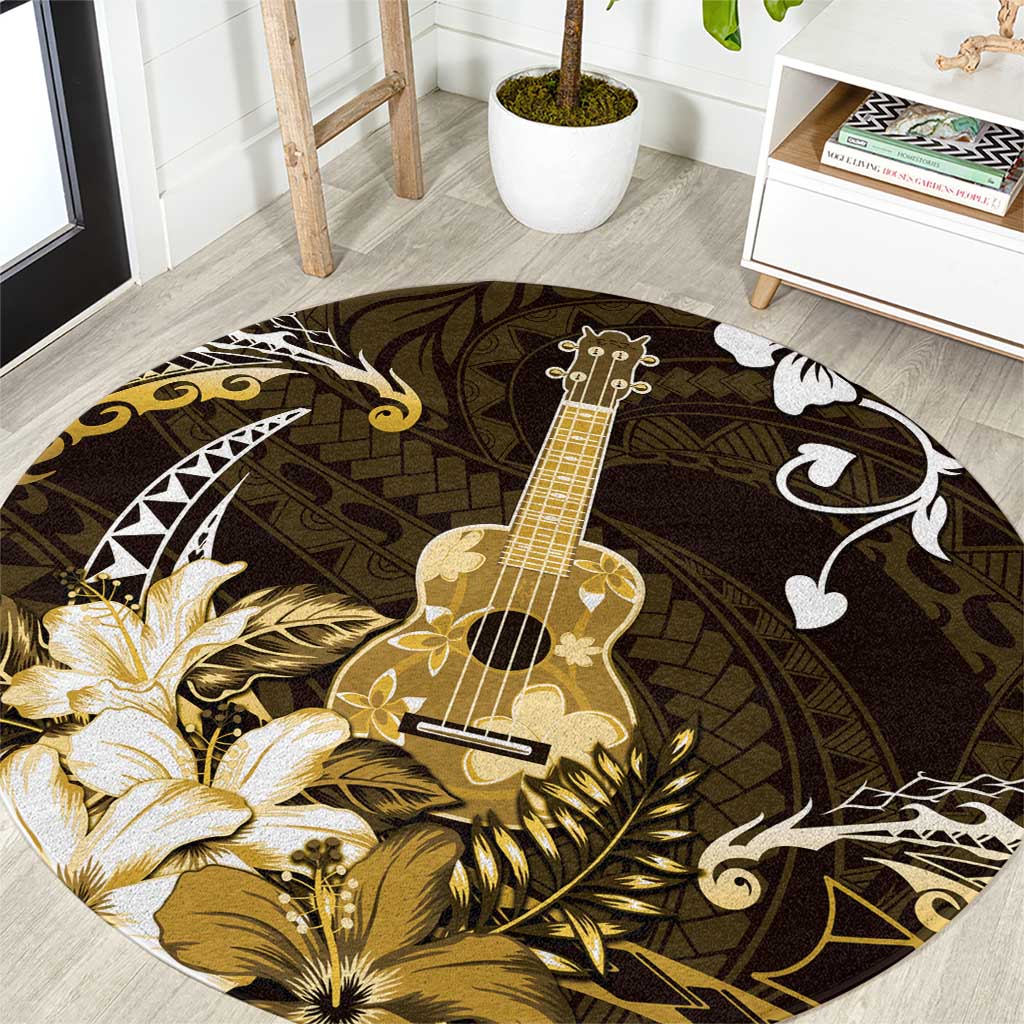 Hawaii Ukulele Round Carpet Polynesian Pattern Mix Hibiscus Gold Version