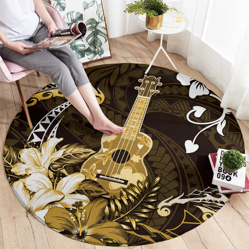 Hawaii Ukulele Round Carpet Polynesian Pattern Mix Hibiscus Gold Version