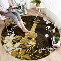 Hawaii Ukulele Round Carpet Polynesian Pattern Mix Hibiscus Gold Version