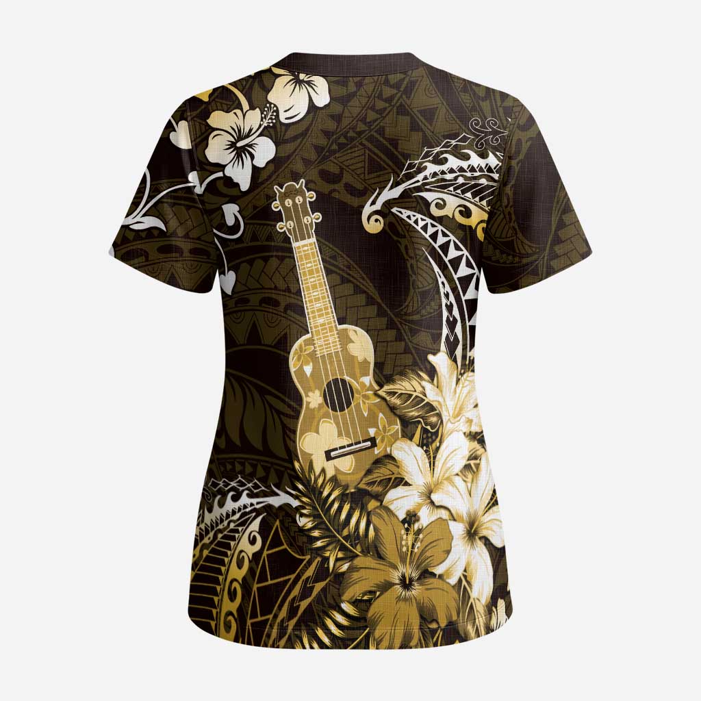 Hawaii Ukulele Scrub Top Polynesian Pattern Mix Hibiscus Gold Version - Polynesian Pride