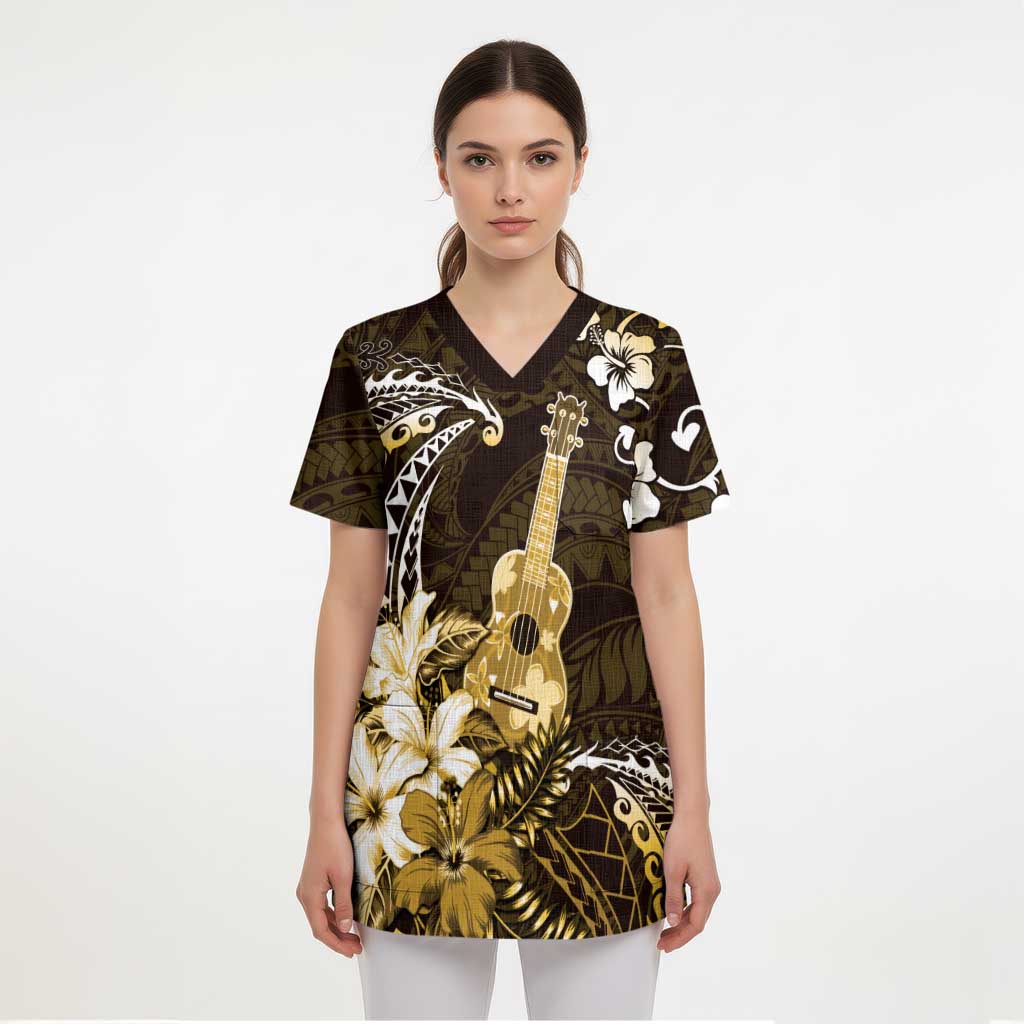 Hawaii Ukulele Scrub Top Polynesian Pattern Mix Hibiscus Gold Version - Polynesian Pride