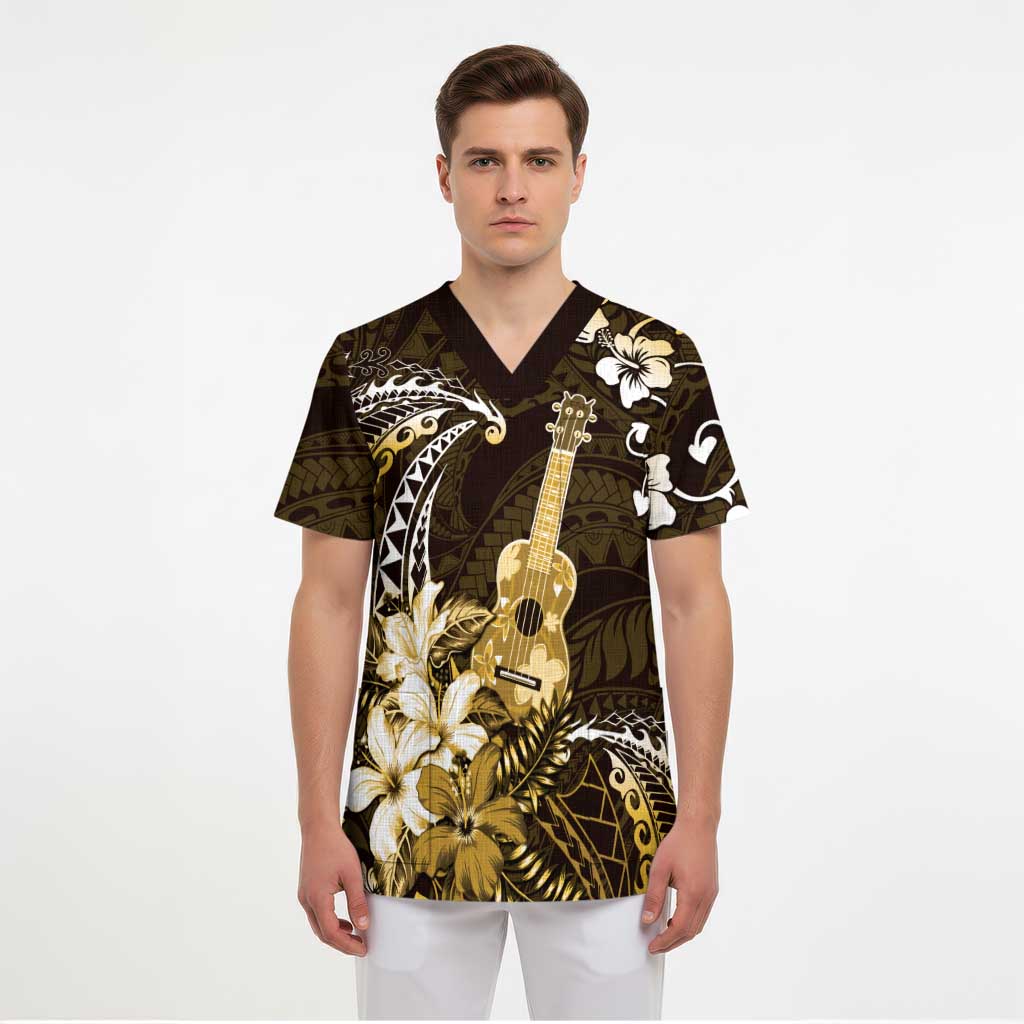 Hawaii Ukulele Scrub Top Polynesian Pattern Mix Hibiscus Gold Version - Polynesian Pride