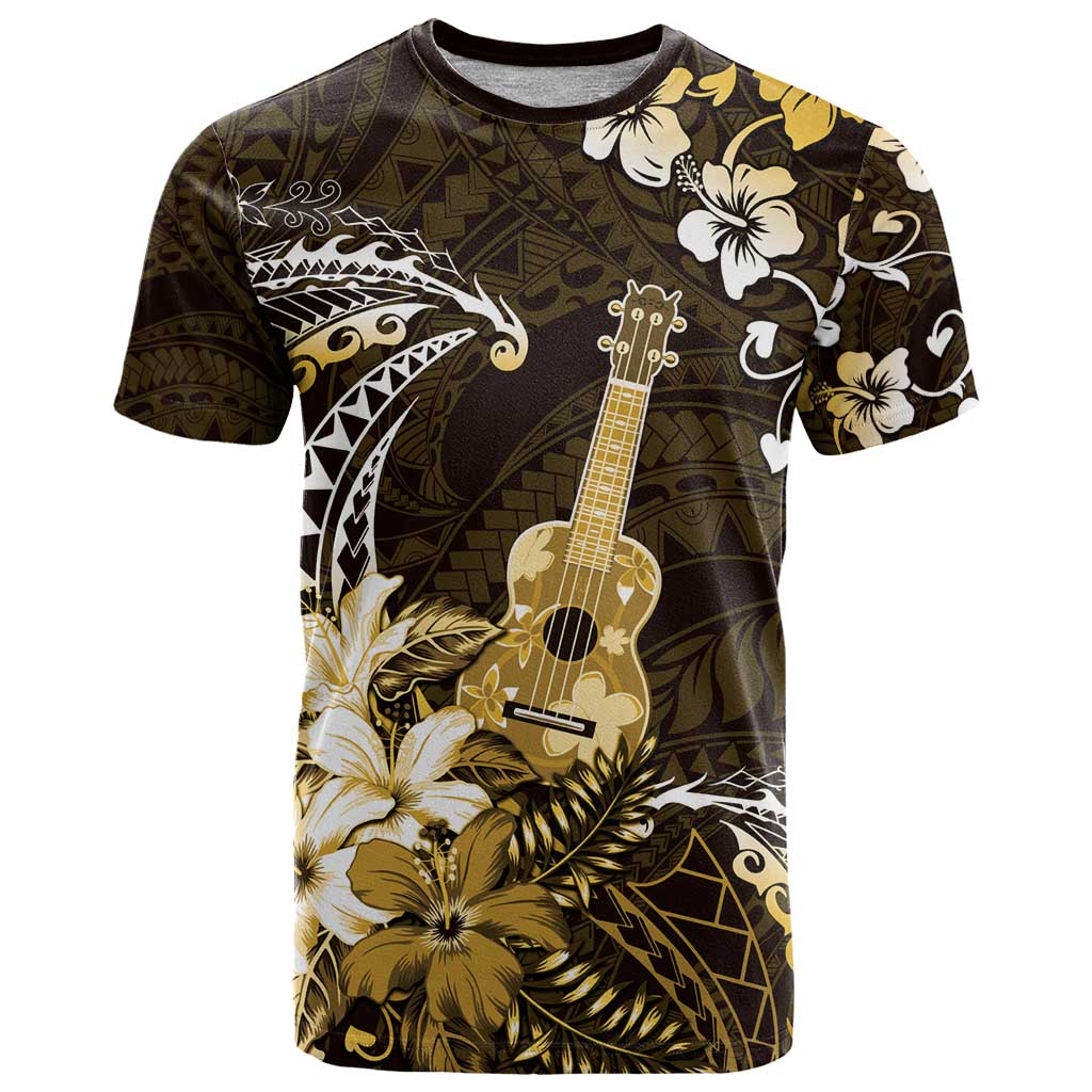 Hawaii Ukulele T Shirt Polynesian Pattern Mix Hibiscus Gold Version LT05