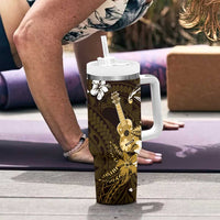 Hawaii Ukulele Tumbler With Handle Polynesian Pattern Mix Hibiscus Gold Version