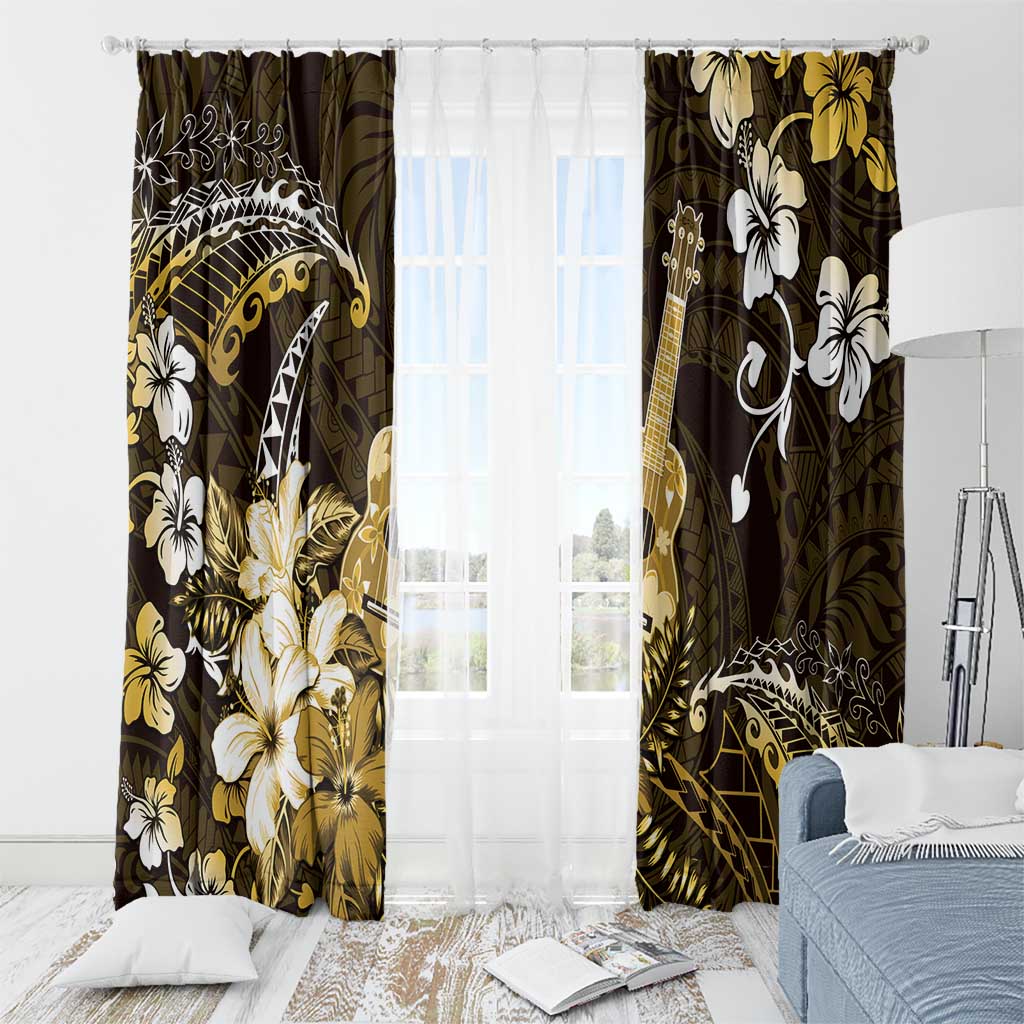Hawaii Ukulele Window Curtain Polynesian Pattern Mix Hibiscus Gold Version