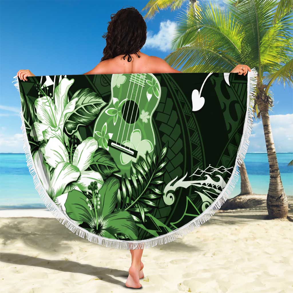 Hawaii Ukulele Beach Blanket Polynesian Pattern Mix Hibiscus Green Version