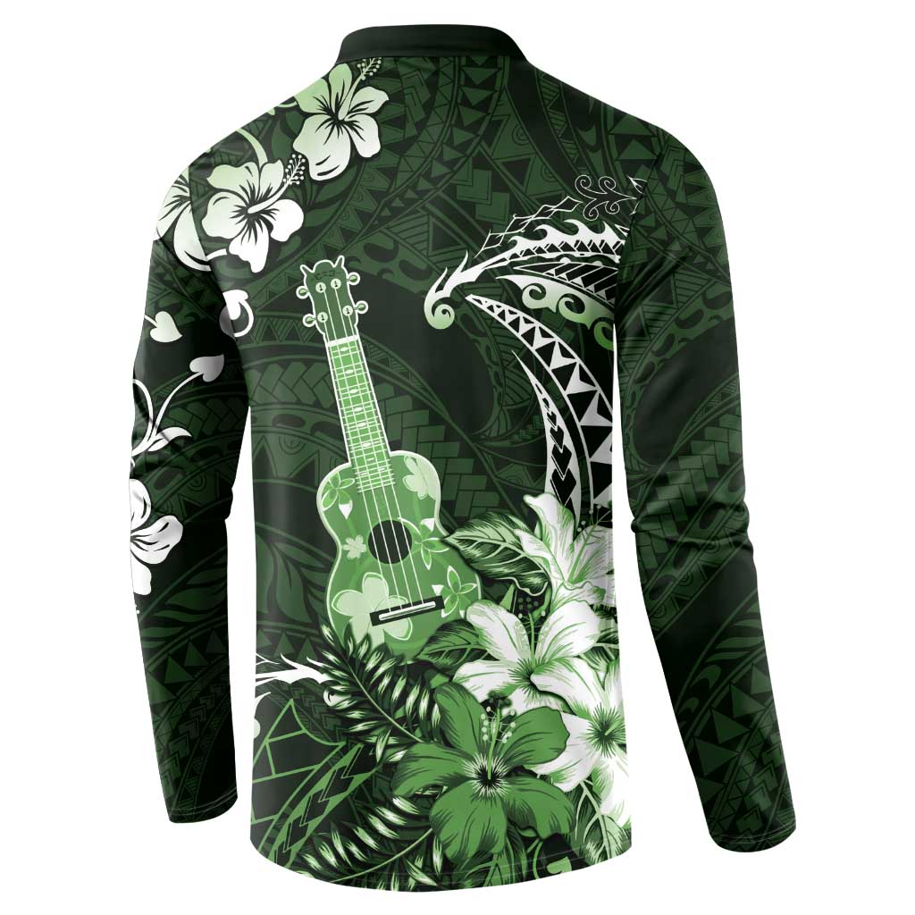 Hawaii Ukulele Button Sweatshirt Polynesian Pattern Mix Hibiscus Green Version LT05