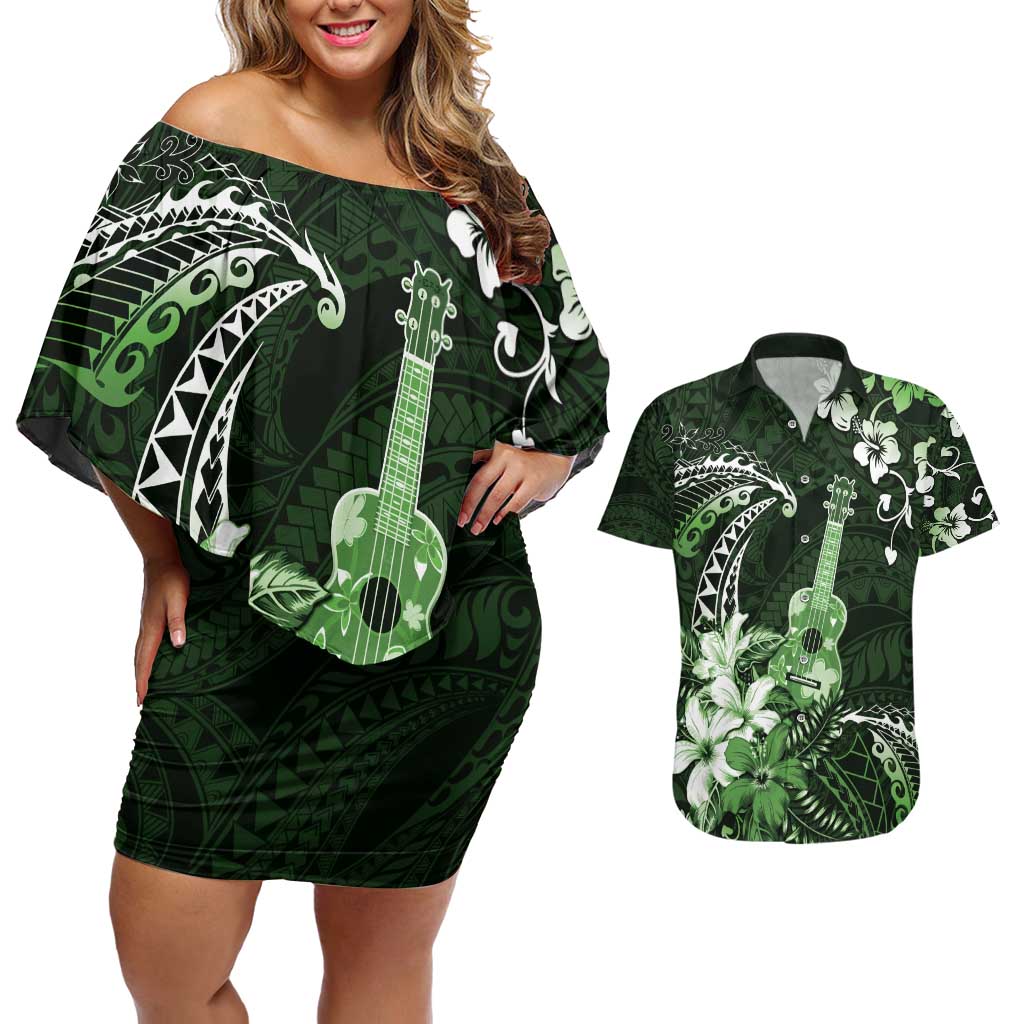 Hawaii Ukulele Couples Matching Off Shoulder Short Dress and Hawaiian Shirt Polynesian Pattern Mix Hibiscus Green Version LT05