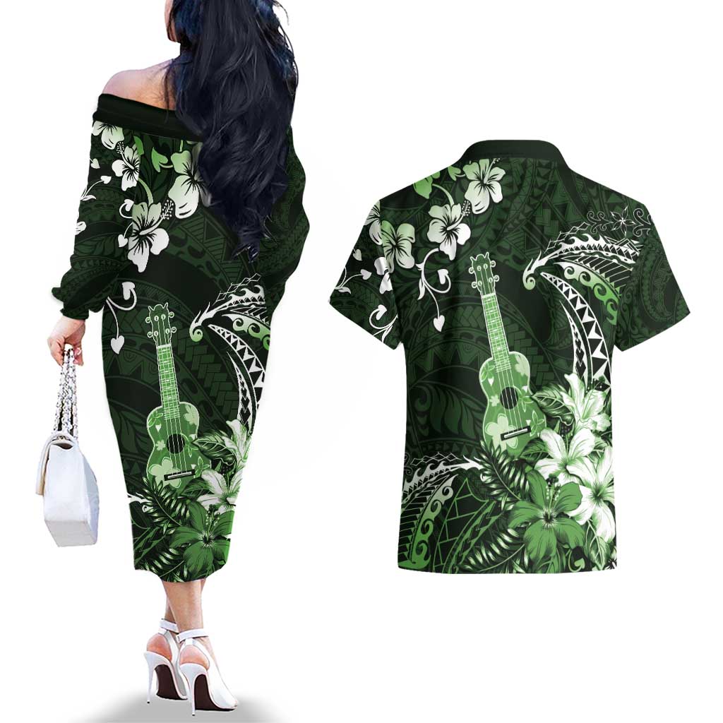 Hawaii Ukulele Couples Matching Off The Shoulder Long Sleeve Dress and Hawaiian Shirt Polynesian Pattern Mix Hibiscus Green Version LT05